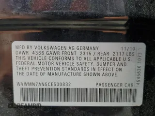 2012 Volkswagen CC Sport with VIN WVWMN7AN5CE500832, listed as a Copart auction lot 70210864 with 193,602 mi miles and Salvage Title. Bid and sale history available at carsss.com. Image 12.