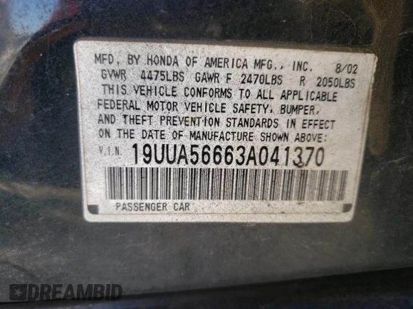 2003 Acura TL with VIN 19UUA56663A041370, listed as a Copart auction lot 62741844 with 319,180 mi miles and Salvage Title. Bid and sale history available at carsss.com. Image 13.