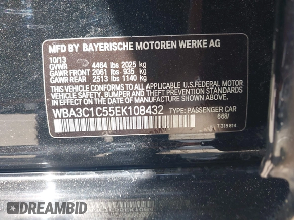 2014 BMW 3 Series 328i with VIN WBA3C1C55EK108432, listed as a IAAI auction lot 41934089 with 1 mi miles. Bid and sale history available at carsss.com. Image 9.