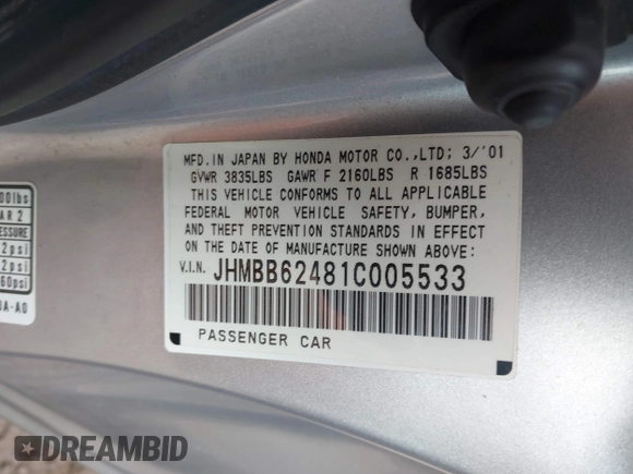 2001 Honda Prelude with VIN JHMBB62481C005533, listed as a IAAI auction lot 42200322 with 85,394 mi miles and . Bid and sale history available at DreamBid. Image 9.