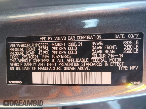 2017 Volvo XC90 Inscription с VIN YV4BC0PL7H1183223, выставлен на аукционе Copart как лот 51865325 с пробегом 109 096 миль миль и Списание • Salvage title. История ставок и продаж доступна на DreamBid. Изображение 13.