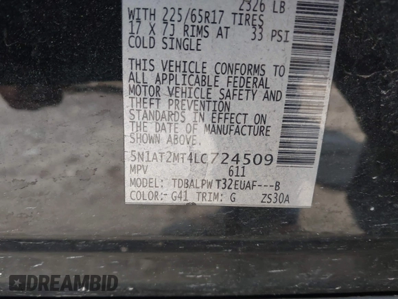 2020 Nissan Rogue S z VIN 5N1AT2MT4LC724509, wystawiony jako IAAI lot #41612574 z przebiegiem 110 426 mil mil oraz . Historia ofert i sprzedaży dostępna na DreamBid. Obrazek 9.