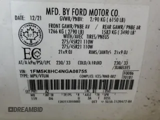 2022 Ford Explorer Platinum with VIN 1FM5K8HC4NGA08755, listed as a Copart auction lot 87959925 with 54,263 mi miles and Salvage Title. Bid and sale history available at carsss.com. Image 14.