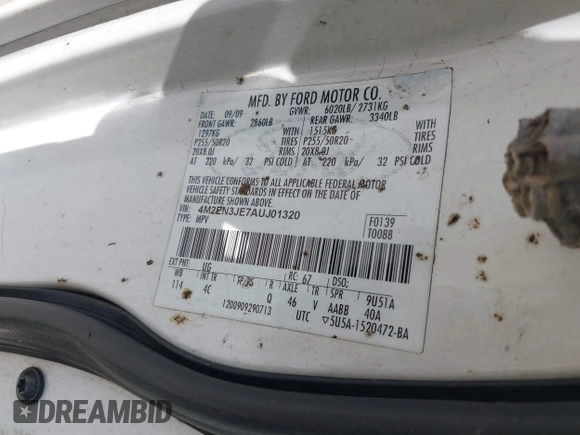 2010 Mercury Mountaineer Premier with VIN 4M2EN3JE7AUJ01320, listed as a IAAI auction lot 41598547 with Not provided miles and . Bid and sale history available at DreamBid. Image 9.