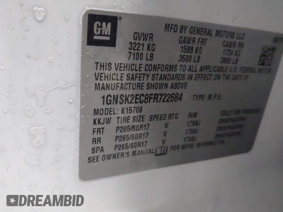 2015 Chevrolet Tahoe Commercial with VIN 1GNSK2EC8FR722684, listed as a IAAI auction lot 41553558 with 119,434 mi miles and . Bid and sale history available at DreamBid. Image 9.