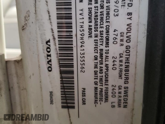 2004 Volvo S80 with VIN YV1TH59H941355562, listed as a Copart auction lot 82679234 with 128,590 mi miles and Salvage Title. Bid and sale history available at carsss.com. Image 13.