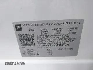 2021 Chevrolet Equinox LT with VIN 3GNAXKEVXMS141728, listed as a IAAI auction lot 41967260 with 74,751 mi miles. Bid and sale history available at carsss.com. Image 9.