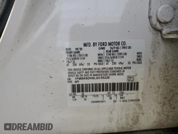 2020 Ford Explorer XLT with VIN 1FMSK8DH8LGC55228, listed as a Copart auction lot 47420315 with Not Provided miles and Salvage Title. Bid and sale history available at DreamBid. Image 14.