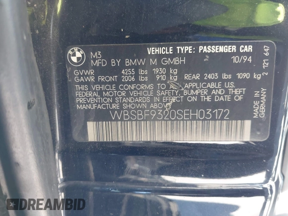 1995 BMW 3 Series M3 with VIN WBSBF9320SEH03172, listed as a IAAI auction lot 39327458 with Not Provided miles and . Bid and sale history available at DreamBid. Image 9.