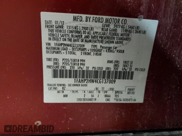 2012 Ford Taurus SEL z VIN 1FAHP2HW4CG137009, wystawiony jako Copart lot #44800835 z przebiegiem 166 816 mil mil oraz Szkoda całkowita • Salvage title. Historia ofert i sprzedaży dostępna na DreamBid. Obrazek 14.