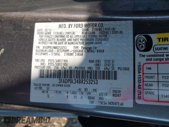 2011 Ford Fusion Hybrid with VIN 3FADP0L34BR253253, listed as a IAAI auction lot 42458290 with 137,110 mi miles and . Bid and sale history available at DreamBid. Image 9.