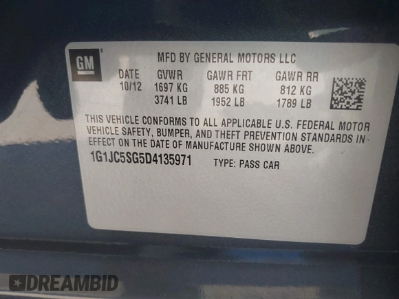 2013 Chevrolet Sonic LT with VIN 1G1JC5SG5D4135971, listed as a IAAI auction lot 41762168 with 140,493 mi miles and . Bid and sale history available at DreamBid. Image 9.
