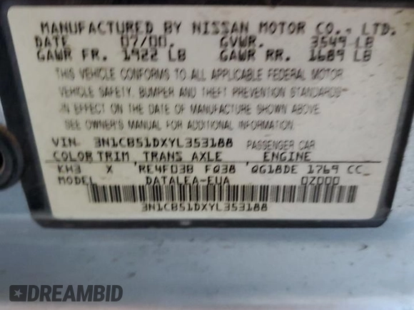 2000 Nissan Sentra XE with VIN 3N1CB51DXYL353188, listed as a Copart auction lot 56490115 with 190,643 mi miles and Salvage title. Bid and sale history available at DreamBid. Image 13.