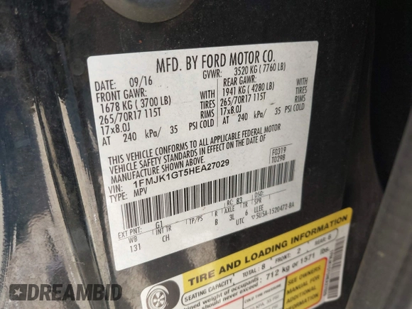 2017 Ford Expedition Max XL with VIN 1FMJK1GT5HEA27029, listed as a IAAI auction lot 41908026 with 124,203 mi miles and . Bid and sale history available at DreamBid. Image 9.