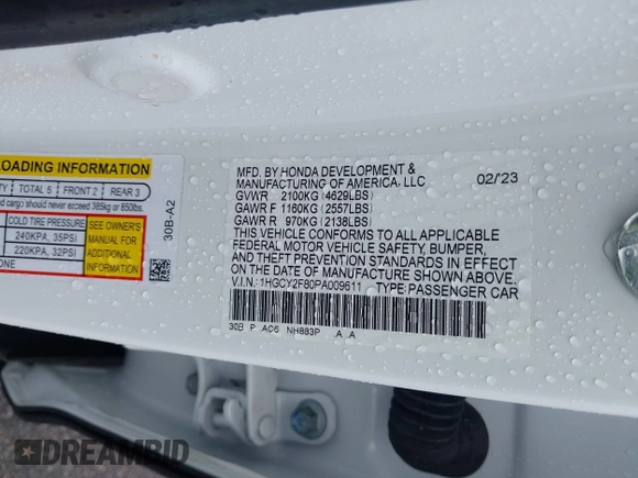 2023 Honda Accord Touring с VIN 1HGCY2F80PA009611, выставлен на аукционе IAAI как лот 42093393 с пробегом 18 520 миль миль и . История ставок и продаж доступна на DreamBid. Изображение 9.