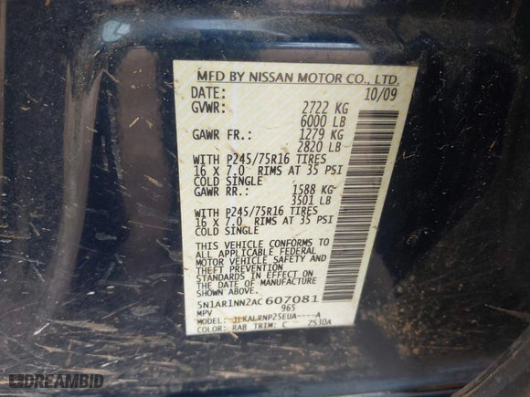 2010 Nissan Pathfinder SE with VIN 5N1AR1NN2AC607081, listed as a IAAI auction lot 41083287 with 128,342 mi miles. Bid and sale history available at carsss.com. Image 9.