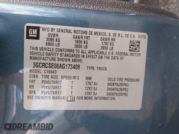2010 Chevrolet Silverado 1500 LT with VIN 3GCRCSE08AG173488, listed as a IAAI auction lot 41977739 with 92,538 mi miles and . Bid and sale history available at DreamBid. Image 9.