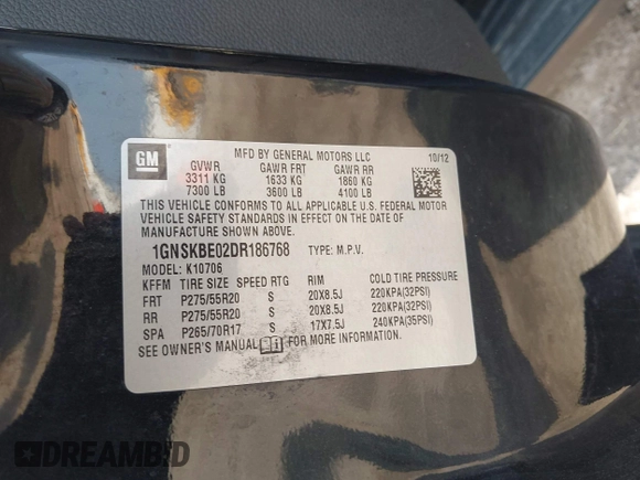 2013 Chevrolet Tahoe LT с VIN 1GNSKBE02DR186768, выставлен на аукционе IAAI как лот 42429597 с пробегом 132 404 миль миль и . История ставок и продаж доступна на DreamBid. Изображение 9.