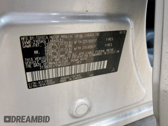 2015 Toyota RAV4 LE z VIN 2T3BFREV1FW403540, wystawiony jako Copart lot #60670675 z przebiegiem 106 965 mil mil oraz Szkoda całkowita • Salvage title. Historia ofert i sprzedaży dostępna na DreamBid. Obrazek 13.