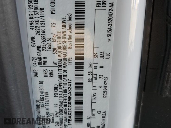 2021 Ford Transit XL с VIN 1FBAX2CG0MKA32417, выставлен на аукционе Copart как лот 46230105 с пробегом 62 649 миль миль и Списание • Salvage title. История ставок и продаж доступна на DreamBid. Изображение 15.