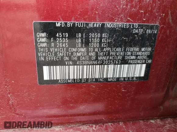 2015 Subaru Legacy Limited with VIN 4S3BNAN64F3025763, listed as a Copart auction lot 57325965 with 64,494 mi miles and Salvage title. Bid and sale history available at DreamBid. Image 12.