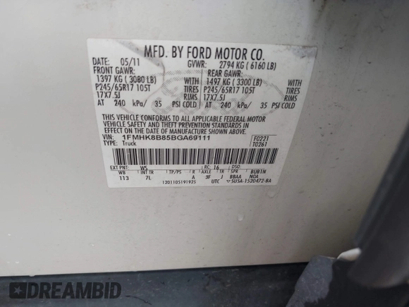 2011 Ford Explorer with VIN 1FMHK8B85BGA69111, listed as a IAAI auction lot 42574667 with 288,841 mi miles and . Bid and sale history available at DreamBid. Image 9.