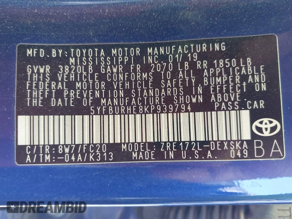 2019 Toyota Corolla L z VIN 5YFBURHE8KP939794, wystawiony jako IAAI lot #42250639 z przebiegiem 110 768 mil mil oraz . Historia ofert i sprzedaży dostępna na DreamBid. Obrazek 9.