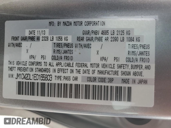 2014 Mazda 5 Grand Touring with VIN JM1CW2DL1E0165803, listed as a Copart auction lot 62914124 with 71,127 mi miles and Salvage Title. Bid and sale history available at DreamBid. Image 13.