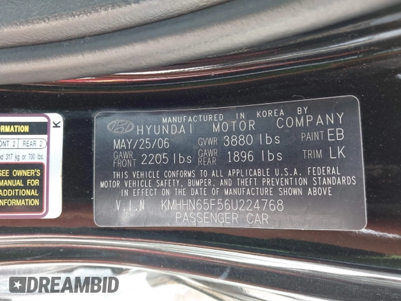2006 Hyundai Tiburon GT z VIN KMHHN65F56U224768, wystawiony jako IAAI lot #40672721 z przebiegiem 158 535 mil mil oraz . Historia ofert i sprzedaży dostępna na DreamBid. Obrazek 9.