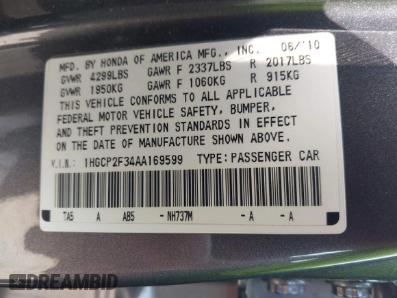 2010 Honda Accord LX с VIN 1HGCP2F34AA169599, выставлен на аукционе IAAI как лот 42417416 с пробегом 144 611 миль миль и . История ставок и продаж доступна на DreamBid. Изображение 9.