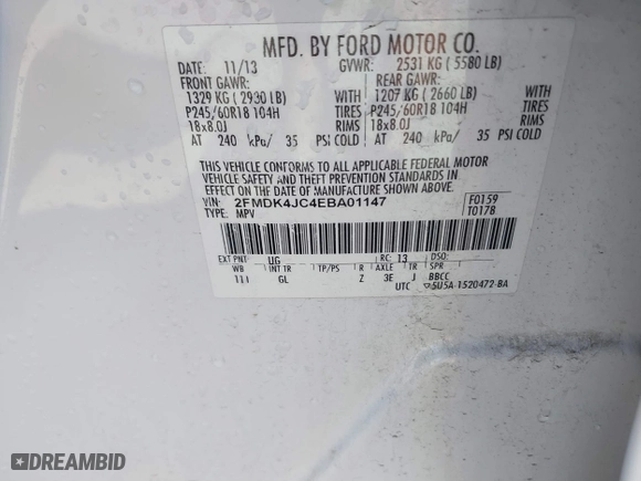 2014 Ford Edge SEL with VIN 2FMDK4JC4EBA01147, listed as a IAAI auction lot 41805050 with 138,418 mi miles. Bid and sale history available at carsss.com. Image 9.