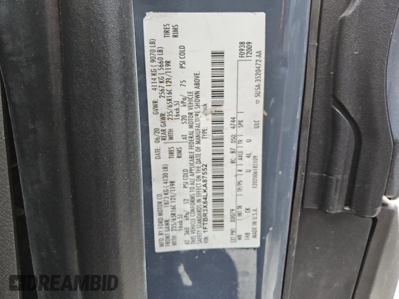 2020 Ford Transit Cargo with VIN 1FTBR3X84LKA87552, listed as a Copart auction lot 78698114 with 68,677 mi miles and Clean Title. Bid and sale history available at DreamBid. Image 12.