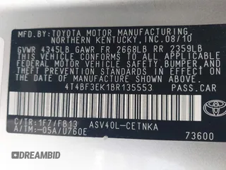 2011 Toyota Camry LE with VIN 4T4BF3EK1BR135553, listed as a IAAI auction lot 42196444 with 233,044 mi miles and . Bid and sale history available at carsss.com. Image 9.
