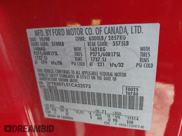 2001 Ford F-150 XL with VIN 2FTRX07L51CA22573, listed as a IAAI auction lot 41710008 with 1 mi miles. Bid and sale history available at carsss.com. Image 9.
