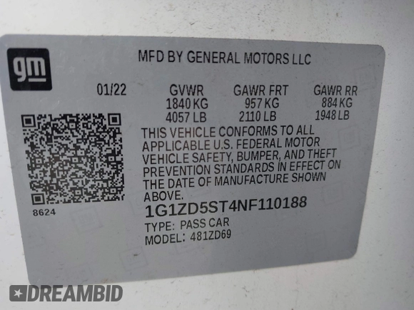 2022 Chevrolet Malibu LT with VIN 1G1ZD5ST4NF110188, listed as a IAAI auction lot 41502403 with 66,032 mi miles and . Bid and sale history available at DreamBid. Image 9.