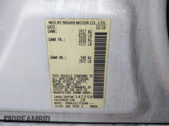 2017 Nissan Altima SV with VIN 1N4AL3AP5HC147259, listed as a IAAI auction lot 41588503 with 139,340 mi miles and . Bid and sale history available at DreamBid. Image 9.