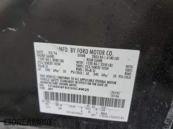 2016 Ford Explorer Limited with VIN 1FM5K8F8XGGC49625, listed as a Copart auction lot 51043015 with 131,667 mi miles and Salvage Title. Bid and sale history available at DreamBid. Image 15.