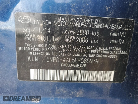 2015 Hyundai Elantra SE z VIN 5NPDH4AE5FH585939, wystawiony jako Copart lot #53569145 z przebiegiem 149 712 mil mil oraz Szkoda całkowita • Salvage title. Historia ofert i sprzedaży dostępna na DreamBid. Obrazek 12.