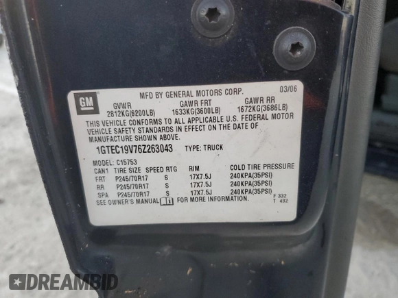 2006 GMC Sierra 1500 SLE1 z VIN 1GTEC19V76Z263043, wystawiony jako Copart lot #75045924 z przebiegiem Nie podano mil oraz Nie do naprawy • Non repairable. Historia ofert i sprzedaży dostępna na DreamBid. Obrazek 13.