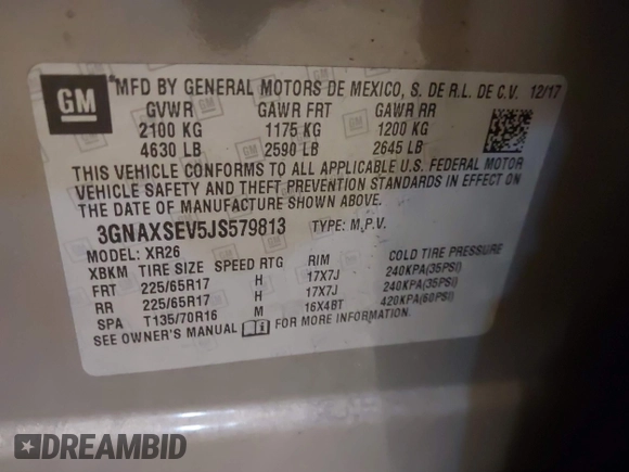 2018 Chevrolet Equinox LT with VIN 3GNAXSEV5JS579813, listed as a IAAI auction lot 41855403 with 68,094 mi miles. Bid and sale history available at carsss.com. Image 9.