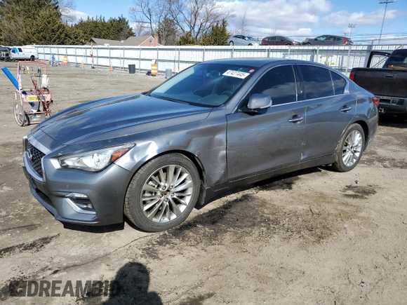 2021 Infiniti Q50 Luxe with VIN JN1EV7BR9MM750400, listed as a Copart auction lot 47427445 with 49,273 mi miles and Salvage Title. Bid and sale history available at carsss.com. Image 1.