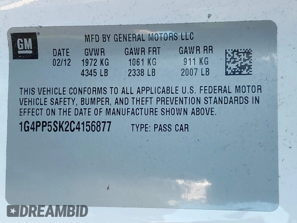 2012 Buick Verano with VIN 1G4PP5SK2C4156877, listed as a IAAI auction lot 41324221 with 122,191 mi miles. Bid and sale history available at carsss.com. Image 9.