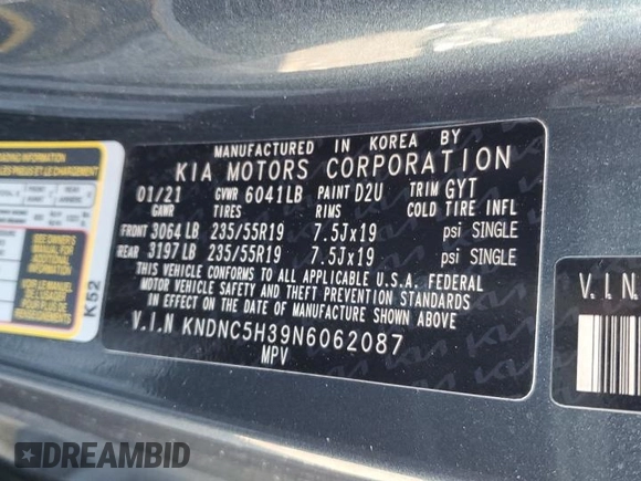 2022 Kia Carnival EX with VIN KNDNC5H39N6062087, listed as a Copart auction lot 49691475 with 84,779 mi miles and Salvage Title. Bid and sale history available at DreamBid. Image 14.
