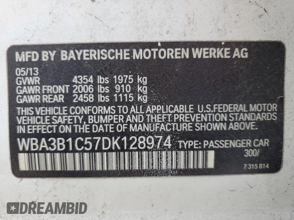 2013 BMW 3 Series 320i z VIN WBA3B1C57DK128974, wystawiony jako Copart lot #58858745 z przebiegiem Nie podano mil oraz Czysty tytuł • Clean title. Historia ofert i sprzedaży dostępna na DreamBid. Obrazek 13.