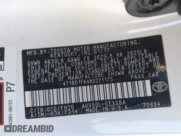 2017 Toyota Camry Hybrid LE with VIN 4T1BD1FK4HU221175, listed as a IAAI auction lot 41973130 with 104,919 mi miles. Bid and sale history available at carsss.com. Image 9.