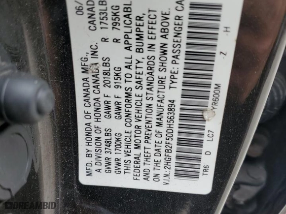 2013 Honda Civic Sdn LX with VIN 2HGFB2F50DH563894, listed as a Copart auction lot 53614065 with 0 mi miles and Clean Title. Bid and sale history available at carsss.com. Image 12.
