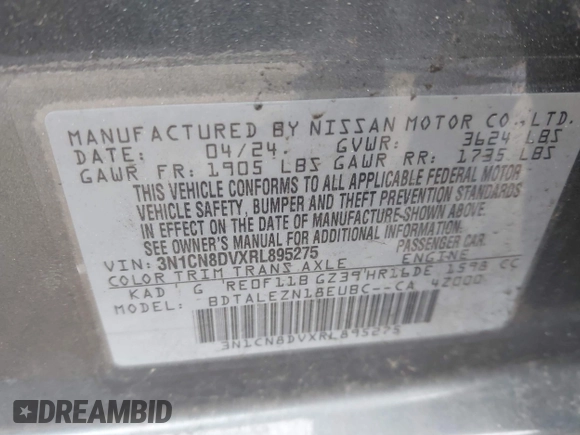 2024 Nissan Versa S с VIN 3N1CN8DVXRL895275, выставлен на аукционе IAAI как лот 42161114 с пробегом 16 140 миль миль и . История ставок и продаж доступна на DreamBid. Изображение 9.