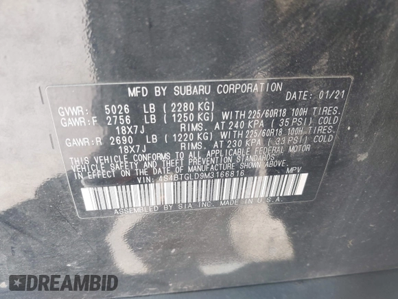 2021 Subaru Outback Onyx XT with VIN 4S4BTGLD9M3166816, listed as a IAAI auction lot 42194707 with 134,034 mi miles and . Bid and sale history available at DreamBid. Image 9.