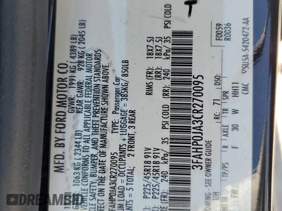 2012 Ford Fusion SEL with VIN 3FAHP0JA3CR270095, listed as a Copart auction lot 64328145 with 76,348 mi miles and Salvage title. Bid and sale history available at DreamBid. Image 12.