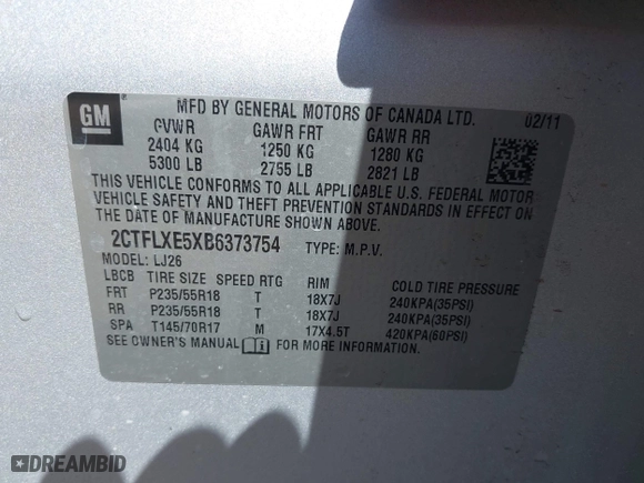 2011 GMC Terrain SLT-2 with VIN 2CTFLXE5XB6373754, listed as a IAAI auction lot 42004859 with 261,619 mi miles. Bid and sale history available at carsss.com. Image 9.
